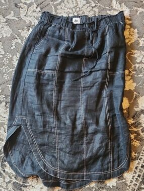 Just Jeans Black Linen-Blend Midi Skirt with Contrast Stitching